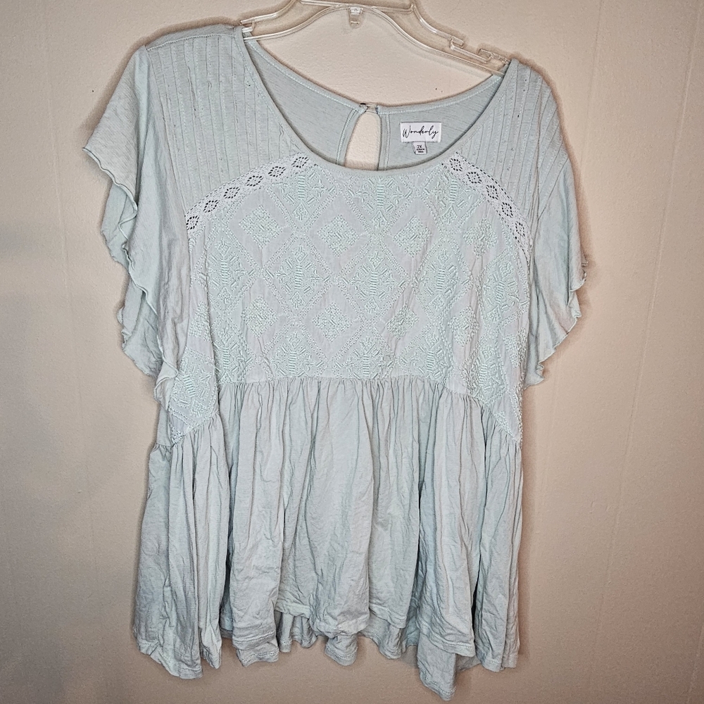 Wonderly Mint Green 2X Cottagecore Peplum Top